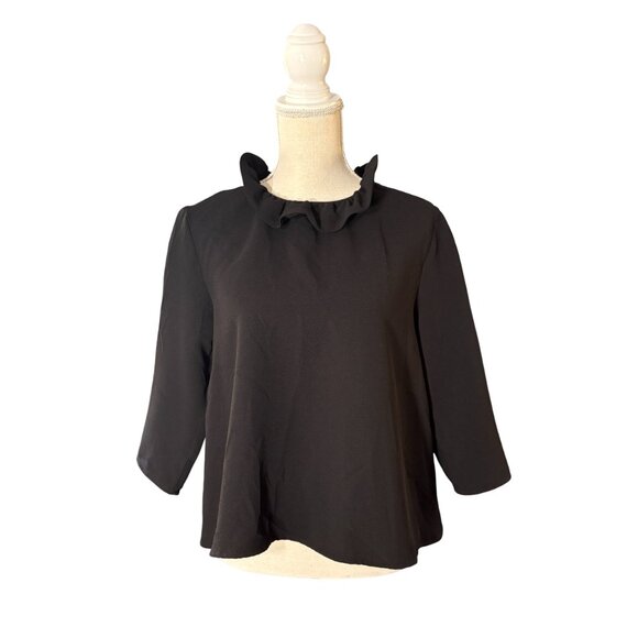 Tuckernuck Black Faye Blouse size M medium ruffle neck bow back 3/4 sleeve top - Picture 5 of 10